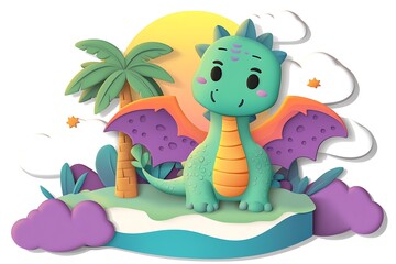 Naklejka premium Cute Papercut Dragon Soaring Through a Pastel Sky