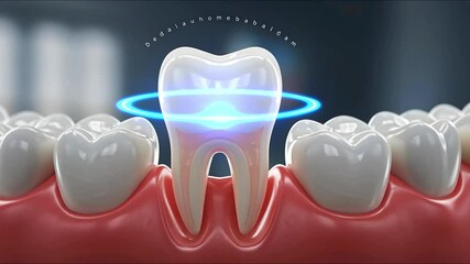 Technology and medical concept. Seamless loop video. Closeup clean tooth rotation dental health on treatment background with cleaning teeth. Health care stomatology