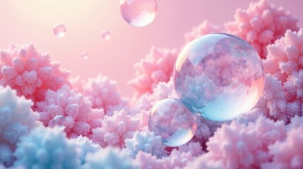 Dreamlike Spheres Resting on a Soft, Pastel Floral Landscape, Evoking a Sense of Calm and Wonder