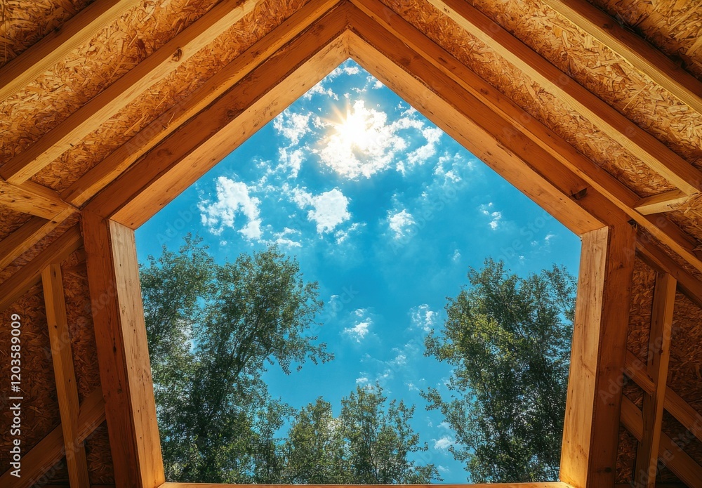Poster serene view of clear blue sky and lush green trees through modern roof architecture with sunlight st