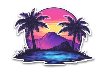 Vibrant Retro Sunset Island Scene Sticker Design