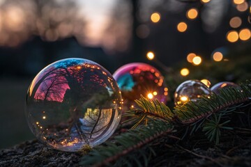 Colorful Christmas Baubles in Low Light, Festive Holiday Decoration