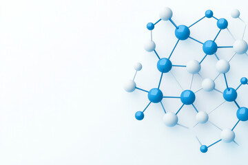 A minimalist molecular network with interconnected hexagonal nodes in soft blue tones on a clean white background,
