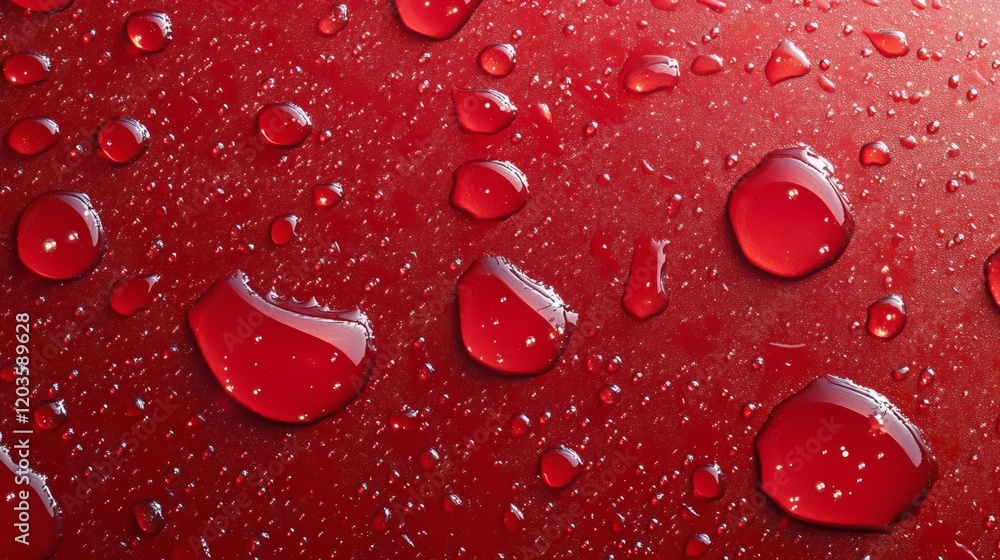 Poster water droplets glistening a bold red background creating a dynamic and energetic design featuring a 