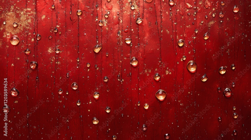 Poster water droplets glistening a bold red background creating a dynamic and energetic design featuring a 