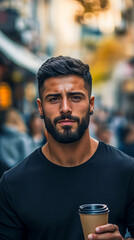 Fototapeta premium A confident man with a beard and coffee cup stands on a bustling urban street, blending modern style with urban energy. 