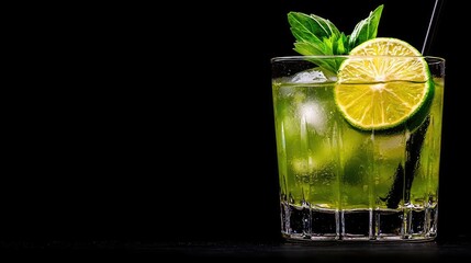 Refreshing green lime cocktail with ice, garnished with basil, dark background, ideal for bar menus