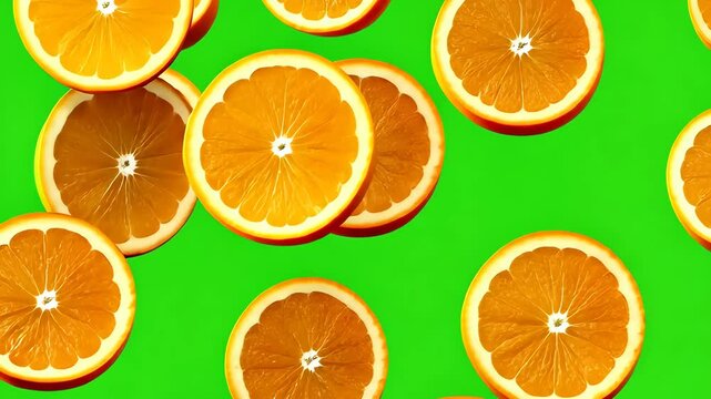 Orange Slices Falling: A cascade of juicy orange slices falls against a vibrant green screen background, capturing the essence of freshness and summer vibrancy. This image is perfect for food, drink.