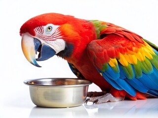 Colorful Macaw Parrot Drinking Water, Isolated White Background Stock Photo