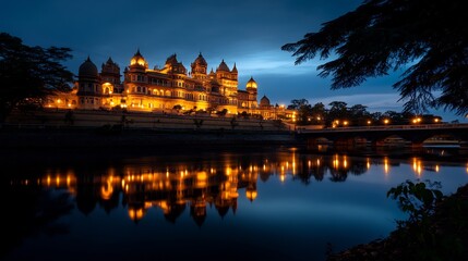 Obraz premium Illuminated palace and bridge at twilight reflecting on river waters