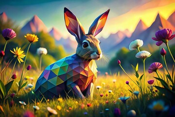 Fototapeta premium Colorful Polygonal Rabbit in Vibrant Landscape - AI Generated Stock Photo