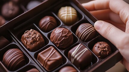 Obraz premium Hand holding a gourmet chocolate box, fingers delicately gripping the packaging to showcase the contents.
