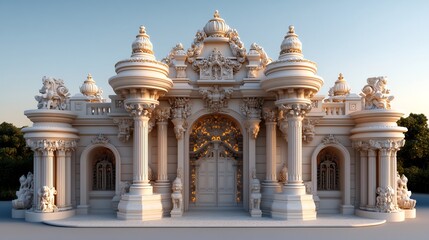 Fototapeta premium Ornate white palace facade with detailed columns sculptures and intricate doorway at sunset