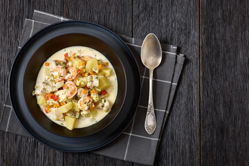 seafood chowder in a white bowl, top view