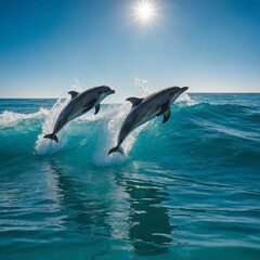 Fototapeta premium A pair of dolphins jumping out of turquoise waves under a clear blue sky.