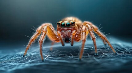 An astonishing close-up image of a spider, showcasing its intricate features and golden hues, set against a softly blurred backdrop, emphasizing its natural beauty and craftsmanship.