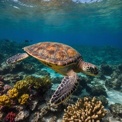 Fototapeta premium A sea turtle swimming gracefully near a colorful coral reef.