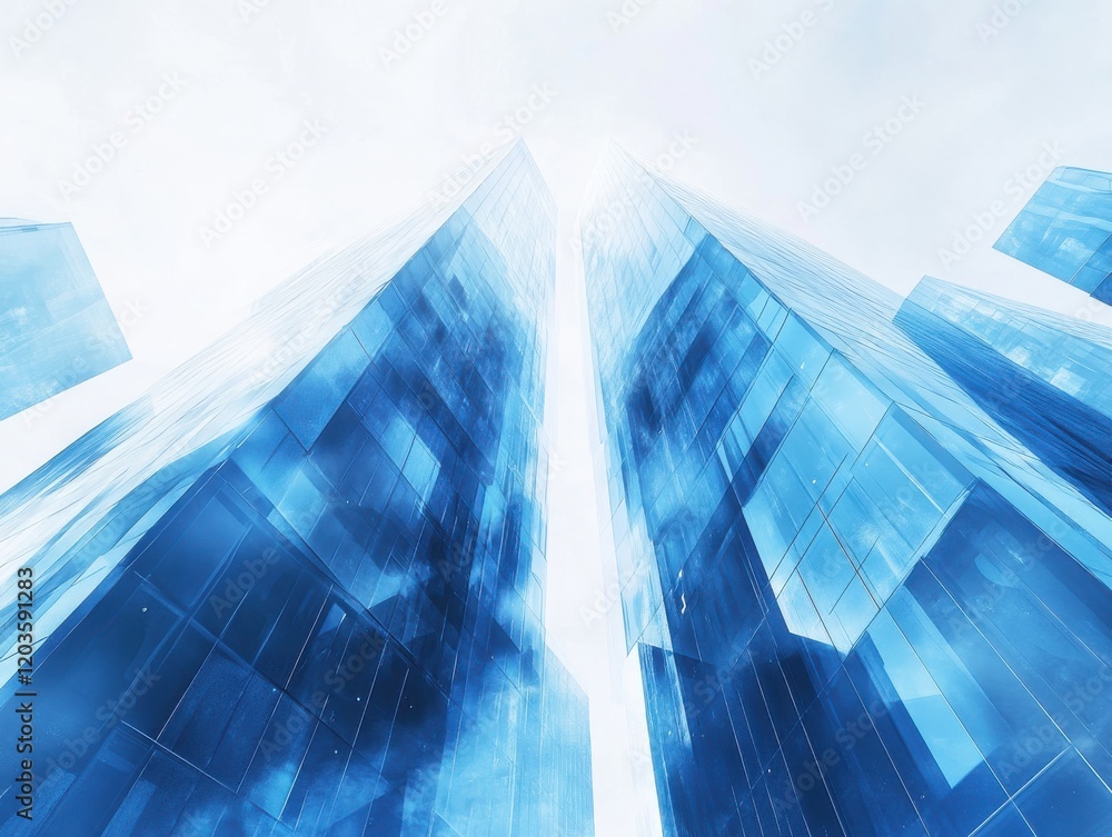 Poster tall glass buildings reflecting sky and clouds in modern urban setting with a unique perspective fro