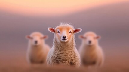 Obraz premium Three lambs at sunset in a field; peaceful rural scene, ideal for nature calendars