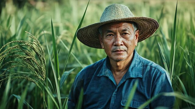 Rice harvest in Malaysia: a farmer harvesting rice, wearing blue and a straw hat, working hard in the green field paddy. Photograph of an isolated man planting paddy grass. 