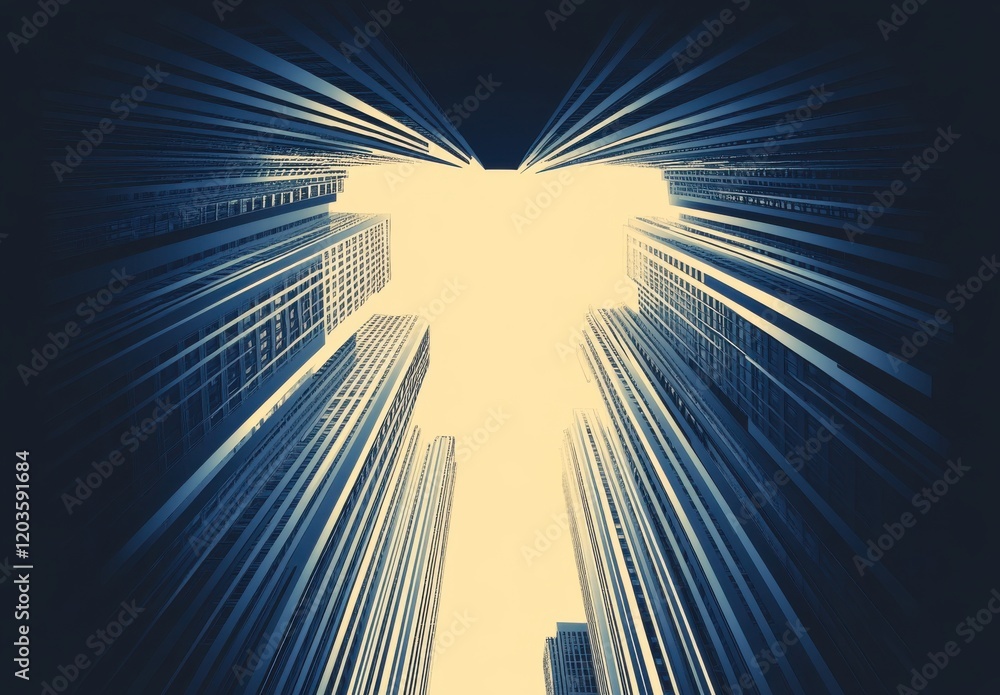 Poster urban perspective with tall buildings framing the sky, capturing an abstract view of modern architec