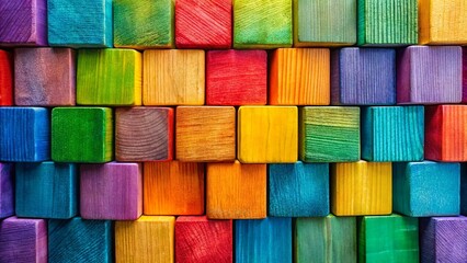 Fototapeta premium Colorful Wooden Blocks Arranged in Spectrum, Creative Background, Diverse Texture