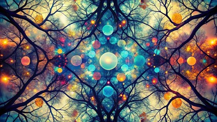 Modern Abstract Art Composition with Dark Branches, Colorful Circles, and Geometric Shapes on a Light Background for Contemporary Decor