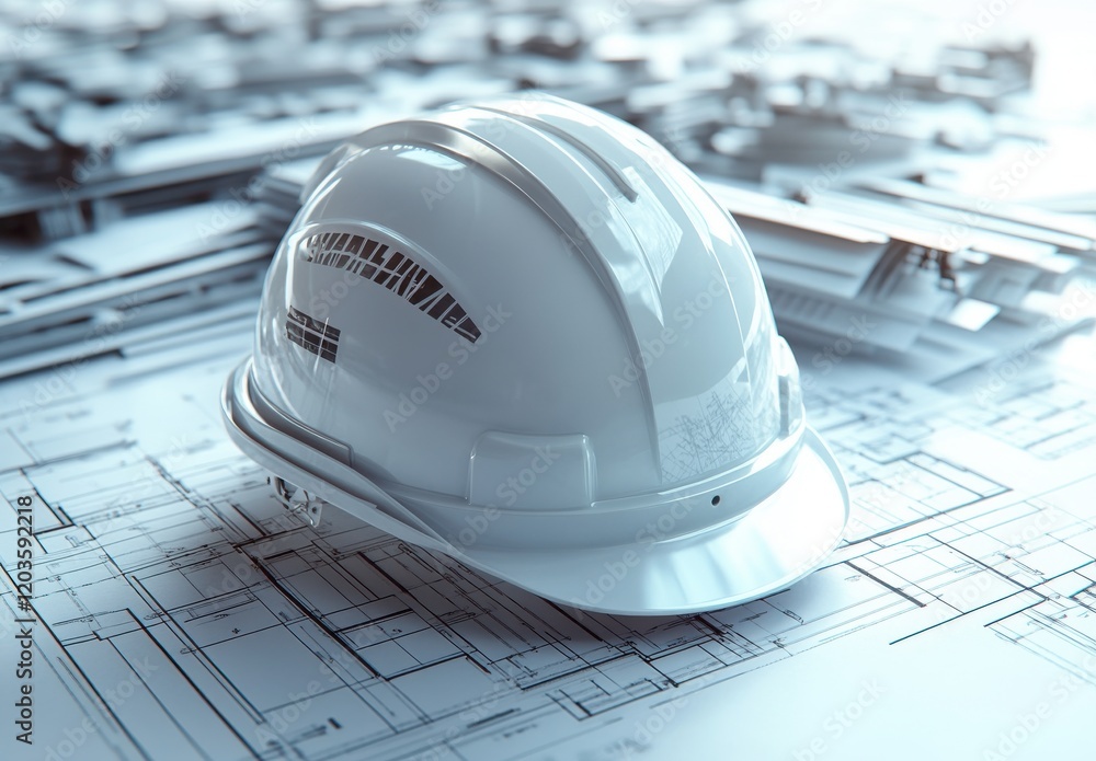 Poster white safety hard hat resting on architectural blueprints with unmarked plans and designs in a profe