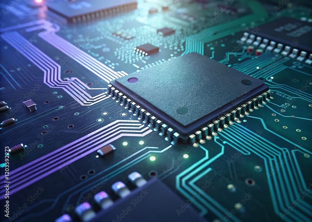 Poster computer core: abstract circuit board close-up with copy space