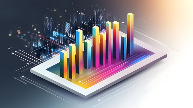 A tablet screen shows a colorful graph with many bars. generated using AI - Powered by Adobe