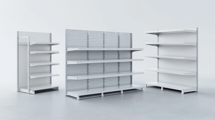 Three empty, white retail shelving units.