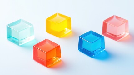 Obraz premium Colorful glass cubes arranged on a white surface showcasing their unique shapes and reflections