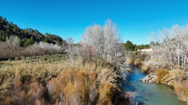 Aerial view of the Cabriel river as it passes through the province of Cuenca, Castilla-La Mancha, Spain with beautiful daylight