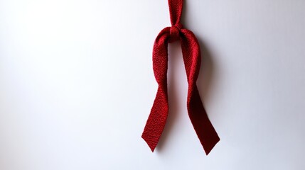 A vibrant red ribbon elegantly tied in a bow, suspended against a clean white backdrop