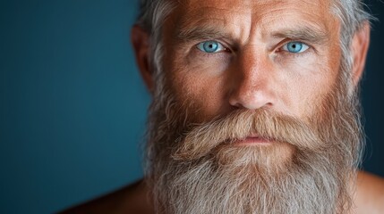 Obraz premium This close-up portrait showcases a bearded man with striking blue eyes, capturing a deeply contemplative expression that communicates strength and introspection beautifully.