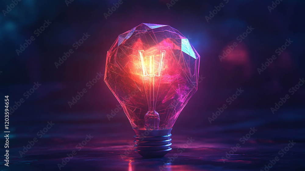 Poster a light bulb with facets resembling a gemstone. the light bulb glows from the inside, creating a glo