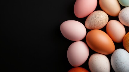 An elegant arrangement of Easter eggs on a dark background, highlighting their diverse colors and patterns while evoking feelings of mystery and festivity.