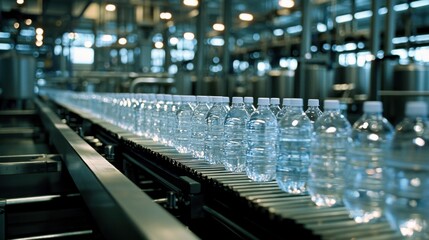 A conveyor belt is filled with bottles of water