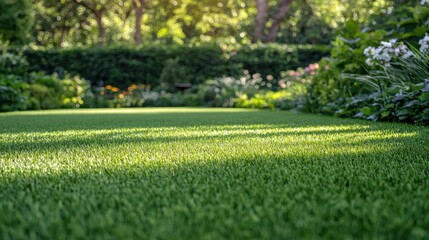Obraz premium A lush green lawn with a flower garden in the background