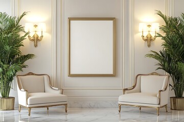 Elegant Cream-Colored Living Room with Empty Gold Frame