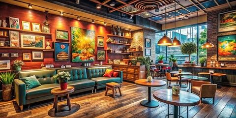 Cozy Coffee Shop with Creative Artwork & Warm Atmosphere - Stock Photo