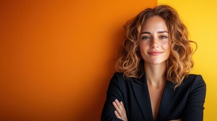 This charming woman in a sleek black blazer poses against a vibrant orange backdrop, blending warmth and sophistication to convey contemporary elegance and charisma.