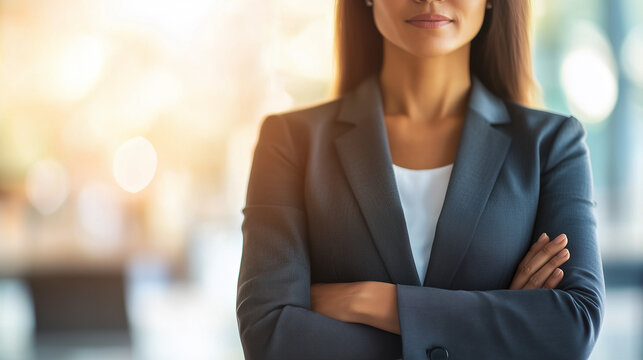 Close-Up of Confident Businesswoman in Sleek Suit with Blurred Cityscape Background for a Sense of Success and Ambition in Any Layout