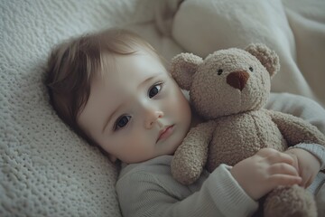Close up of a lonely baby lying on a soft mattress holding a teddy bear toy