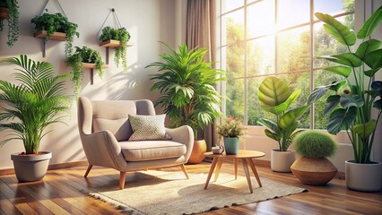 Cozy Minimalist Living Room: Chair, Cushions, Plants, Interior Design Stock Photo