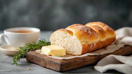A charming image showcasing a loaf of freshly baked bread, butter, and herbal tea against a soft backdrop, promoting relaxation and culinary joy in daily life.