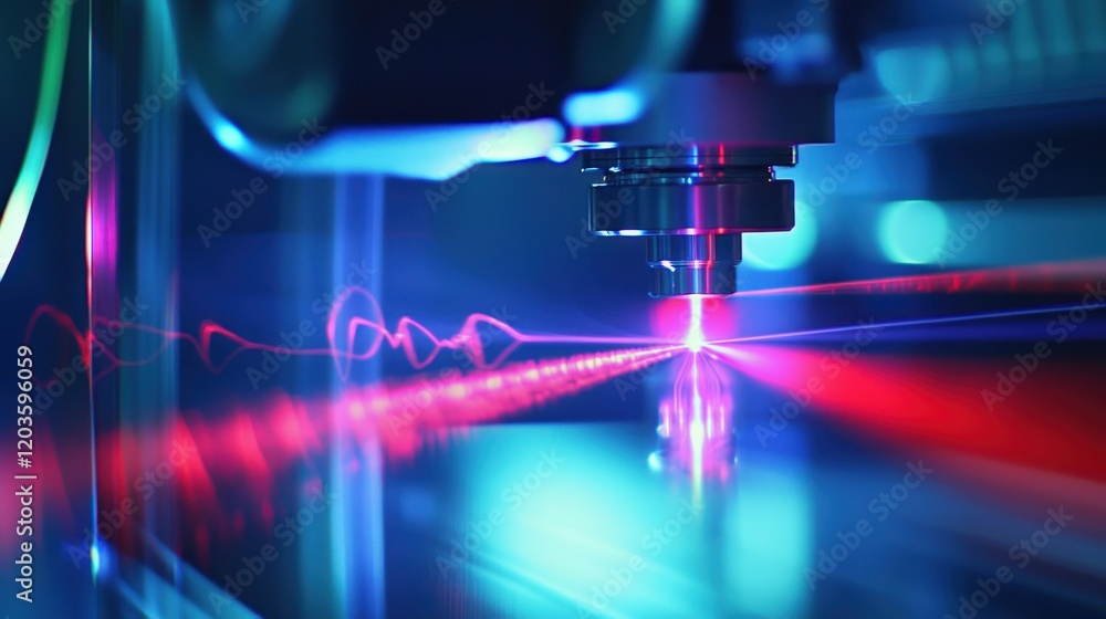 Poster a machine with a red light is on a blue background