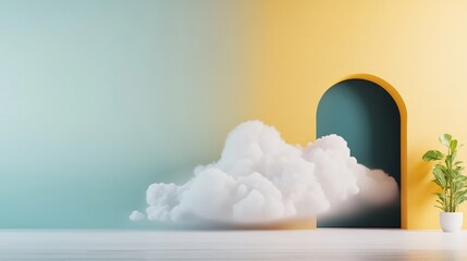 Dreamlike pastel room features soft white cloud and arched doorway. AI Generated