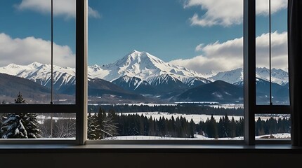 View of the snowy mountains from wooden window at winter