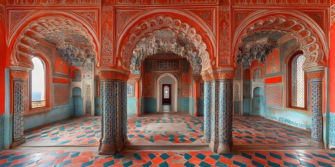 Obraz premium Opulent Architectural Patterns in an Ornate Middle Eastern Palace Corridor